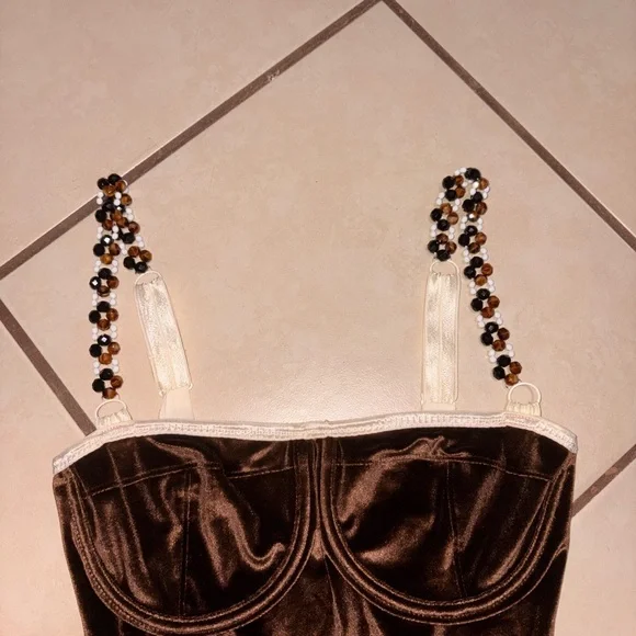 Ami muse Studio Brown Velvet One-Piece with Cream Trim and Beaded Accents - Picture 2 of 5